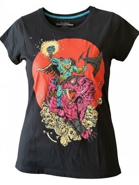 Threadless Black Tee with Pink, Red, Blue and Cream Graphic Alexis Ziritt.